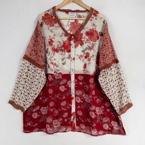 Venezia Vitale Shirt Blouse 1X Red Floral Button Up Sheer Crochet Trim Boho